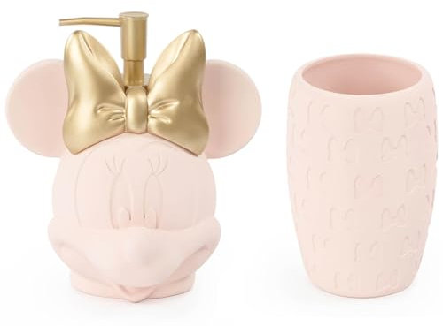 Disney Minnie Mouse Badezimmer-Seifenspender-Set, 2-teilig, rosa Kollektion, inklusive Lotionspumpe aus Harz und Becher, Badezimmer-Dekor