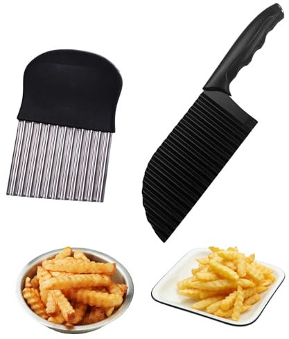 Vueinrg 2 Pièces Couteau Ondulé Coupe Frites en Acier Inoxydable Coupe Pomme de Terre Crinkle Cutter Découpe Frite Ondulée en Tranches Coupe Legumes Couteau pour légumes, Fruits, Salade