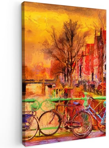 MuchoWow© Leinwände Klein Mini Wall Decoration Bilder Schlafzimmer Deko | 20x30 cm - Pictures Canvas Painting Wanddekoration Wohnzimmer Kunstdruck - Gemälde - Fahrrad - Amsterdam - Kanal - Ölgemälde