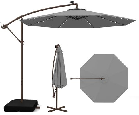COSTWAY Parasol de Jardin Extérieur 3x3M, Parasol Déporté Lumineux Solaire avec 2 Sacs de Sable et Base Croisée, Parasol Inclinable avec Manivelle, pour Balcon, Jardin, Terrasse, Plage (Gris)