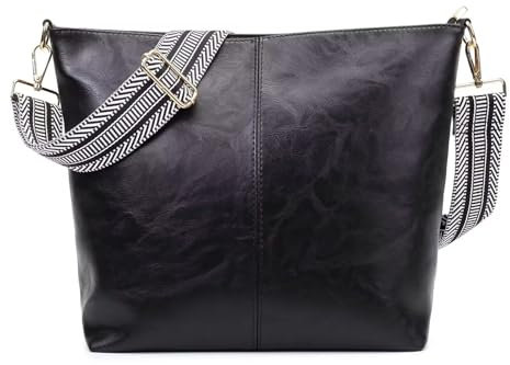 HAIWILL Umhängetasche Damen Große Crossbody Bag Damen mit Breiter Gurt Leder Hobo Bag Shopper Tasche Retro Schultertasche Handtasche für Alltag, Büro, Schulausflug und Einkauf (Groß- Schwarz)