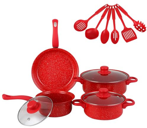 WXFKLDJ Rojo, Juego De Baterías De Cocina, Ollas Y Sartenes De 13 Piezas con Utensilios, Superficie De Cocción Antiadherente Sin PFOA Resistente A Los Arañazos Compatible con Todas Las Estufas