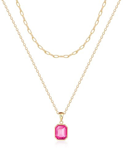 Mesovor Gold Kristall Halsketten für Damen im Trend, 18K Vergoldete Büroklammer Kette | Geburtsstein-Halskette, Schmuckgeschenke (Rosen Rot)