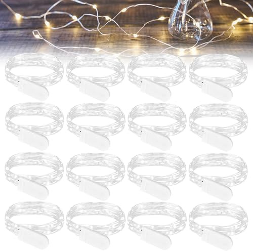 WIYETY Mini catena di luci a LED, 16 pezzi, colore bianco, con batteria, 2 m, 20 LED, per esterni, per fai da te, feste, bottiglie, regali, matrimoni, feste, Natale