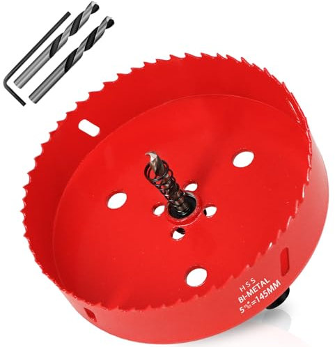 KACNON Seghe a Tazza Bi-Metallica 145 mm, M42 HSS Sega A Tazza Trapano, con Adattatore Esagonale e Punta di Centraggio, per Forare Plastica, PVC, Legno, Fibra di Legno, Metallo Dolce, Rosso