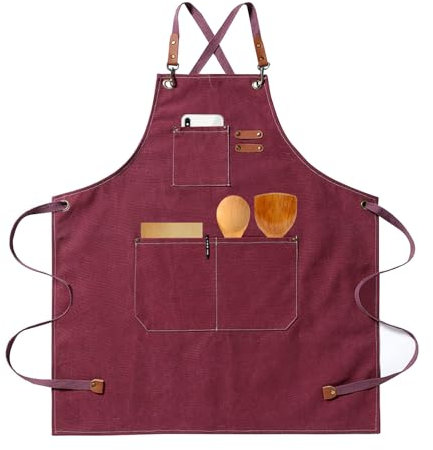 HIUOUIH Küchenschürze Herren 76x68cm Kochschürze Männer und Frauen Grillschürze mit Verstellbarem Riemen und 3 Taschen Arbeitsschürzen zum Kochen, Backen, Küche, Restaurant, Rot