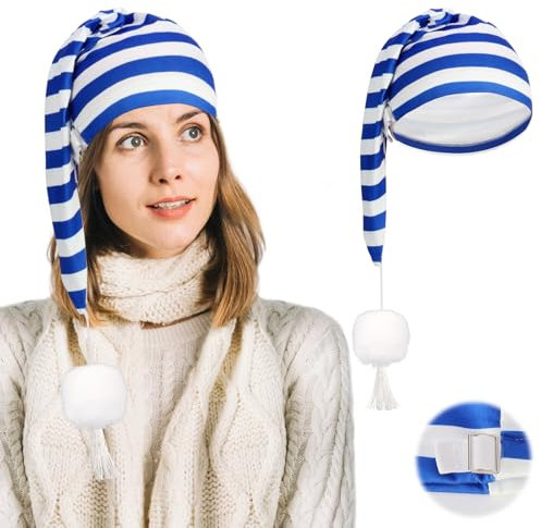 WDFCN Schlafmütze Karneval Blau Weiß Zipfelmütze Schlafmütze Mit Bommel Nachthaube Schlafmütze Baumwolle für Schlafwandler Kostüm Party Fasching JGA Hochzeit Karneval