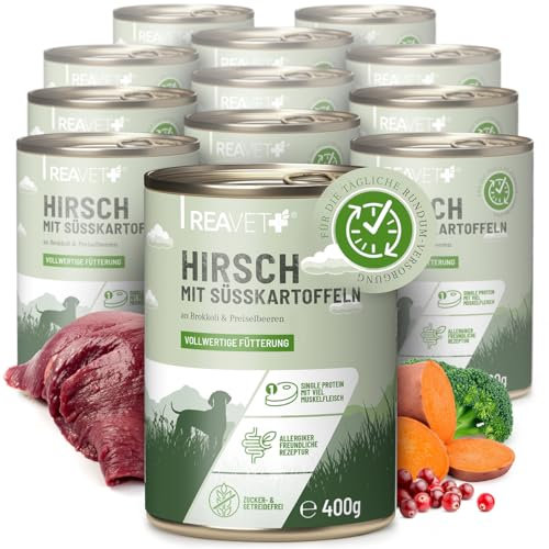 ReaVET Premium Hunde Nassfutter - Hirsch an Süßkartoffeln & Preiselbeeren 12 x 400g I mit hohem Fleischanteil & viel Muskelfleisch, Getreidefrei, Hundefutter nass, ohne Zucker