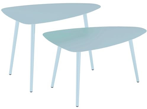 Outsunny Lot de 2 Tables Basses de Jardin, Tables d'appoint gigognes triangulaires, Cadre en Acier, avec Patins Ajustables pour Balcon, Patio, Jardin, Bleu Clair