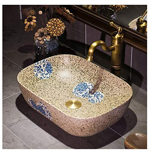 CAFIEDR Waschbecken über der Theke, Waschbecken, Kunstwaschbecken, Waschschüssel für Zuhause, Toilette, bemaltes blaues Blumenmuster in Steinoptik, 40,6 cm
