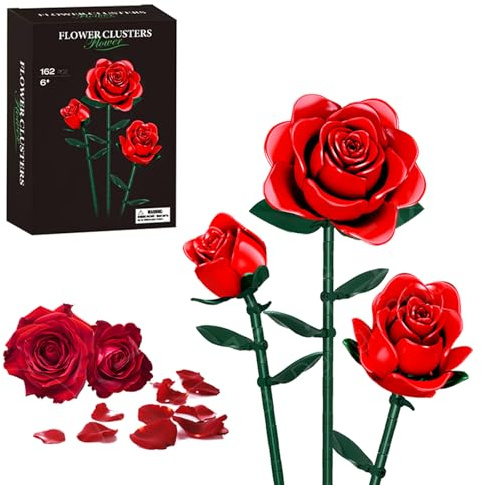 Ensemble de construction de bouquet de fleurs, 3 roses rouges artificielles collection botanique jouets éducatifs cadeau pour filles enfants femmes Saint-Valentin Noël cadeau d'anniversaire 162 pièces
