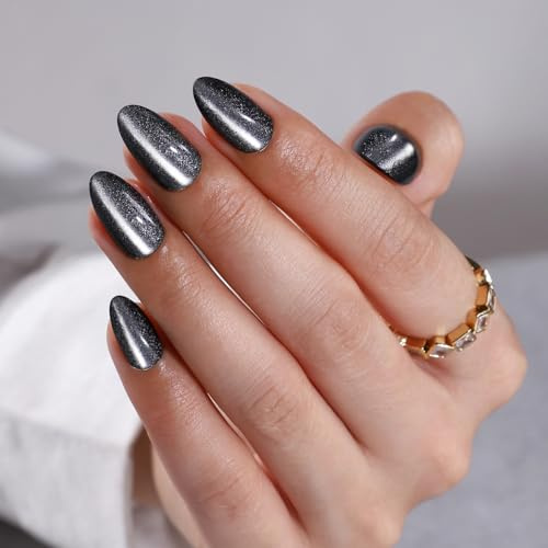 Press On Nails Black - Findigit Almond Cat Eye Press On Nails with Glue for Wedding Birthday Gift, Reusable Stick On Nail Tips in 16 Sizes - 32 Soft Gel Fake Nails Kit, Black Cat Eye