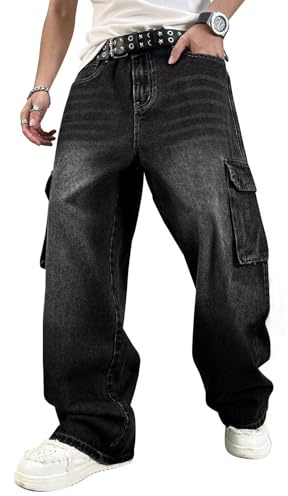 HUNGSON Mens Baggy Cargo Jeans for Men Women Y2k Skater Vintage Plain Pants Casual Wide Leg Jeans Loose Fit Denim Jeans Black