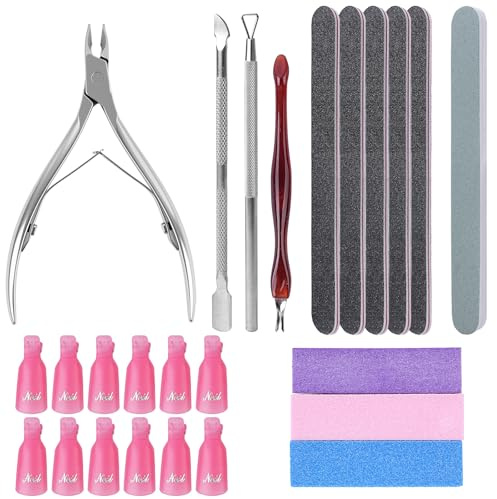Nail File 14 Pcs, Nail Files and Blocks Set Nail Cleaning Cuticle Remover | Silicone Nail Polish Remover Clips Emery Boards for Nails Cuticle Cusher and Pusher Manicure Tools