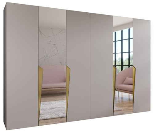MEBLE KRYSPOL - Kleiderschrank - Garderobenschrank - 300 cm x 202 x 52 cm - Schrank mit Kleiderstange und Spiegel, 6 Türen - für Schlafzimmer, Flur - Piano, Kaschmir, Griff Gold