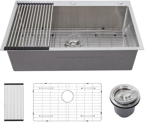 Garvee Estación de trabajo superior para cocina – Fregadero empotrado de acero inoxidable 16G T304, un solo seno profundo, esquinas redondeadas, accesorios incluidos, ideal para cocina, lavandería, RV