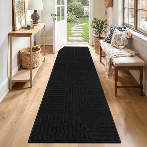 SHACOS Schwarz Läufer Flur rutschfest 60x240 cm, Waschbarer Teppich Läufer Lang Modern, Küchenteppich Küchenläufer Waschbar, Flurläufer für Eingang Küche