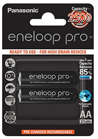 Panasonic eneloop pro ready-to use Ni-MH battery, AA/Mignon, 2-pack, min. 2500 mAh, 500-charge cycle life, with very high power performance and low self-discharge, rechargeable battery