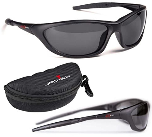 Jackson Polbrille Anglerbrille. Polarisationsbrille Angeln in Profiqualität. Gläserfarbe Grey Mirror. Professionelle Ausführung für Tiefe Einblicke in Gewässer. Lieferung mit Hartschalen-Etui
