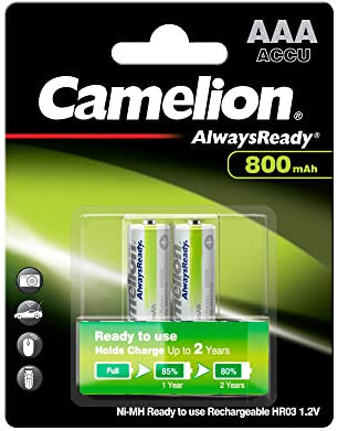 Camelion 17408203 - Always Ready Ni-MH Batterien AAA / HR03, 2 Stück, Kapazität 800 mAh, wiederaufladbar, für elektronische Geräte zur Sicherstellung einer optimalen Energieversorgung