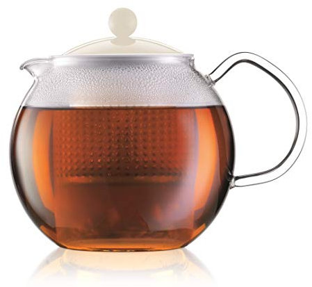 Bodum - Teiera con Filtro in Vetro borosilicato, con Manico in Vetro e Coperchio in plastica colorato, 1 litro Bianco
