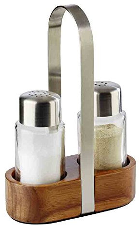 getgastro Pfeffer- & Salz-Menage Wood aus Holz, Glas & Edelstahl 18/8, matt poliert, Glasbehälter mit Edelstahl-Deckel und Deckelverschluss / 11,5 x 5,5 x 17 cm | Sun