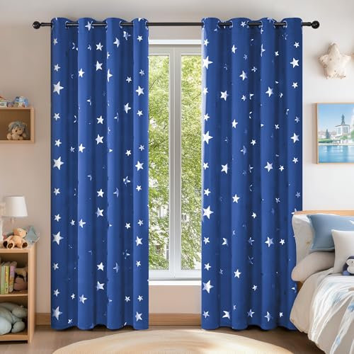 Deconovo Tende Oscuranti Termiche Isolanti con Stelle Stampate per Soggiorno e Camera da Letto Moderne Interni 2 Pezzi con Occhielli, 140x240 CM, Blu Elettronico