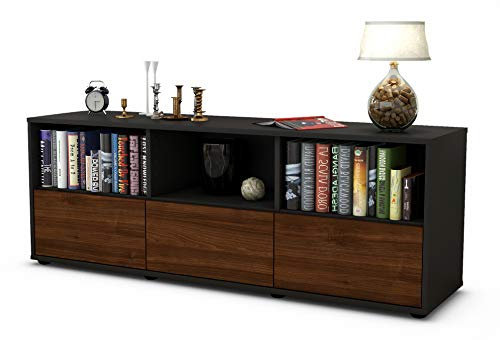 Stil.Zeit TV Schrank Lowboard Amalia, Korpus anthrazit matt, Front Holz Design Walnuss (135x49x35cm), Push to Open Technik & Leichtlaufschienen