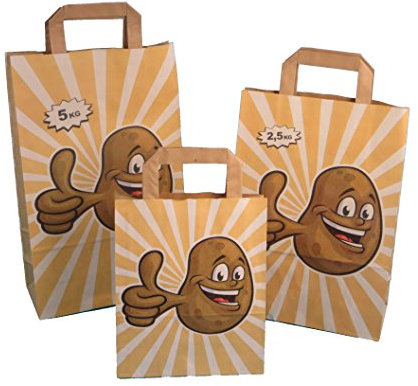 250 Papiertragetaschen Papiertüten Kartoffel Tragetaschen Happy Potatoe braun Flachhenkel 80-90g/m² stark verschiedene Größen zur Auswahl (22+10x36cm (5kg) 90g/m²)