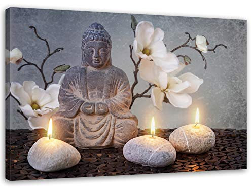 Feeby Bilder Buddha Zen-Kultur 80x60 cm Wohnzimmer Schlafzimmer Büro Flur Küche Wandbilder Modern Bild auf Leinwand Wanddekoration Kunstdruck Design Kerzen Blumen