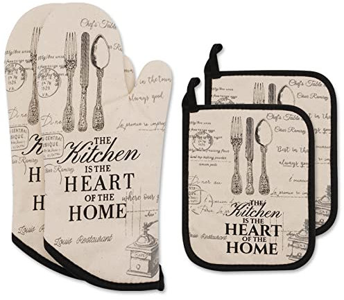 ZORR Gants de Four et 2 Maniques Coton, Gants de Cuisine résistant à la Chaleur pour Barbecue, Cuisine, 32 * 18 cm