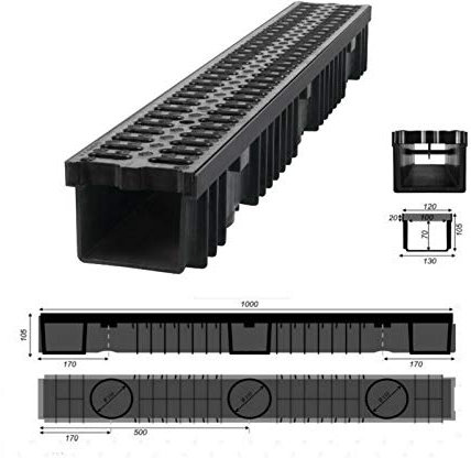 JeCo - Entwässerungsrinne Regenrinne Bodenrinne - Länge: 1 m/Höhe: 105 mm - Kunststoff 1,5 T (A15)