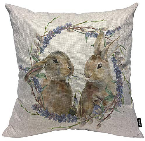 HOSNYE Kissenbezug mit Hasenmotiv, Baumwollleinen, Aquarell-Osterhase mit Blumenkranz, 45,7 x 45,7 cm