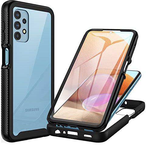 CENHUFO Coque Samsung A32 4G, Antichoc Housse avec Protection d'écran, 360° Protégé Téléphone Etui Double Face Case Robuste Transparent Portable Intégrale Coque pour Samsung Galaxy A32 4G - Noir