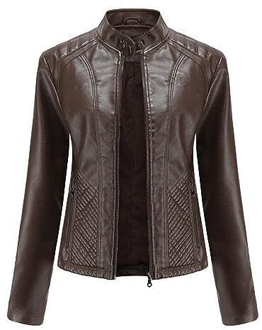 YFFUSHI Giacca bomber da donna in finta pelle, da motociclista, a maniche lunghe, con cerniera, stile casual, Marrone, M