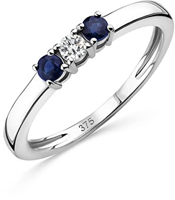 OROVI Schmuck Damen 0.06 Ct Diamant Ewigkeitsring Weißgold mit Solitär Diamant Brillant und 2 natürliche Edelsteine/Geburtssteine runde blaue Saphire Ring aus 9 Karat (375) Gold