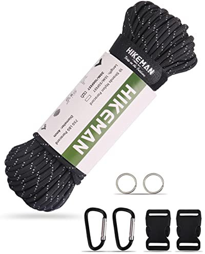 HIKEMAN 750 Paracord Survival Rope - 10 Strang Nylonseil, reißfeste Fallschirmschnur mit gewachstem Zunder, für Outdoor Survival,Camping,Armband,Lanyard (30M-Schwarz)