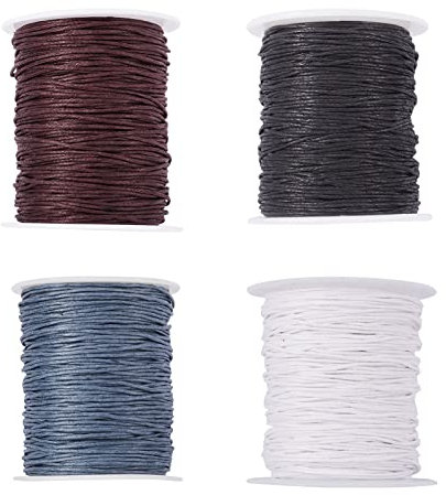 PandaHall, 4 rotoli di filo di cotone intrecciato da 1 mm, nero, bianco, grigio e sella marrone, filo di cotone cerato per perline fai da te, creazione di gioielli artigianali, circa 100 metri