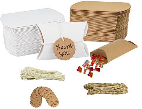 Kikuo 100 Stück Kissen Geschenkboxen Weiß, Kraftpapier Pralinenschachteln für Jute Pralinenschachtel Party Hochzeitsbevorzugung Süße Tüten, Einfach Geschenkbox, Partys, Geburtstage, Hochzeiten