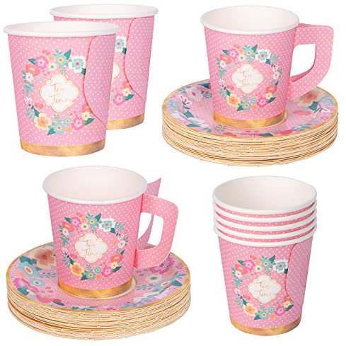 DECORLIFE Einweg-Teetassen für 24 Teetassen, florales Papier-Tee-Party-Tassen-Set enthält 12.7 cm Untertassen, 198 ml Teetassen mit Griffen, Babyparty, insgesamt 48 Stück