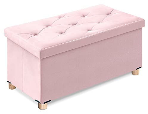 BRIAN & DANY Ottoman Storage Box with 4 Wood Legs, Velvet Storage Ottoman for Living Room, Pink, 76 x 38 x 38 cm