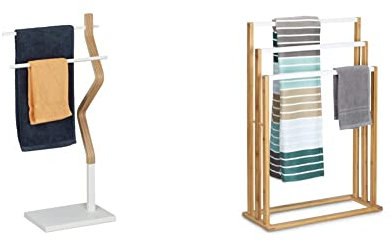 Relaxdays Handtuchhalter stehend, Handtuchständer mit 2 Stangen, weiß/Natur, 1 Stück & Bambus: 82 x 54 x 24 cm treppenförmiger Handtuchhalter mit 3 Handtuchstangen als Elegantes Badaccessoire, weiß