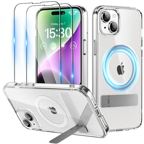 Niunisi Magnetic Case for iPhone 15 Case with Stand, Slim Kickstand with Screen Protector Compatible with Magsafe Shockproof Crystal Clear Cases Phone Case Cover 6.1-Inch (2023), Clear