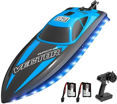 VOLANTEXRC Bateau Télécommandé, Bateau Telecommandé Enfant, RC Bateau de Course avec Lumières LED pour Piscines et Lacs, 2,4 GHz Haute Vitesse Bateau avec Alarme de Batterie Faible pour Adultes (Blu)