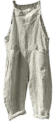 BUKKNYE Oversized Women's Dungarees Wide Leg Baggy Stripe Baggy Jumpsuit Sleeveless Summer Loose Romper Overalls with Front Pockets Green