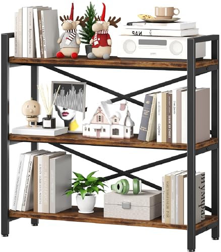 Homeiju Bücherregal mit 3 Ebenen, 80 cm breit, Holz und Metall, Etagere Bücherregal, Vintage-Bauernhaus, modernes großes Holzregal für Zuhause, Wohnzimmer, Schlafzimmer, Büro, Aufbewahrung (Rustic