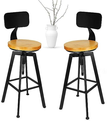 unkonwcy Taburete de bar industrial de metal y madera, sillas de bar, taburete, taburete retro con respaldo de respaldo alto, sillas de cocina ajustables y sillas de pie, taburetes de bistró, 64-84