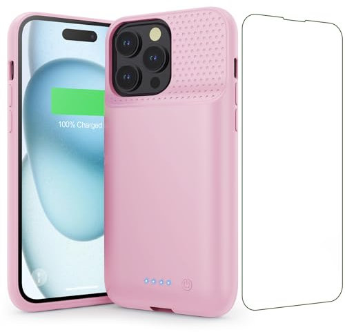 Feob Coque Batterie pour iPhone 15 Pro Max【Charge Rapide 15W & Puissant 8600mAh】 Coque Rechargeable Batterie Externe Chargeur Portable Coques d'alimentation pour iPhone 15 Pro Max (6,7 Pouces) - Rose