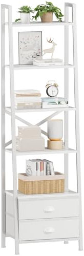 Furologee 5-Tier Ladder Shelf with 2 Drawers,Narrow Bookshelf Storage Shelves,Industrial Bookcase Freestanding Rack Units for Bedroom,Living Room,Bathroom,Home Office,Balcony,Wood Metal, White