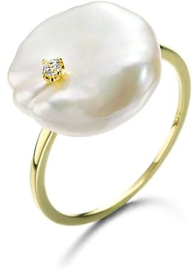 Skcess Goldring Damen 585 Echtgold 14K Ehering Weiß Perle Irregulär, Matching Rings mit Perle Diamant Ringe Frauen